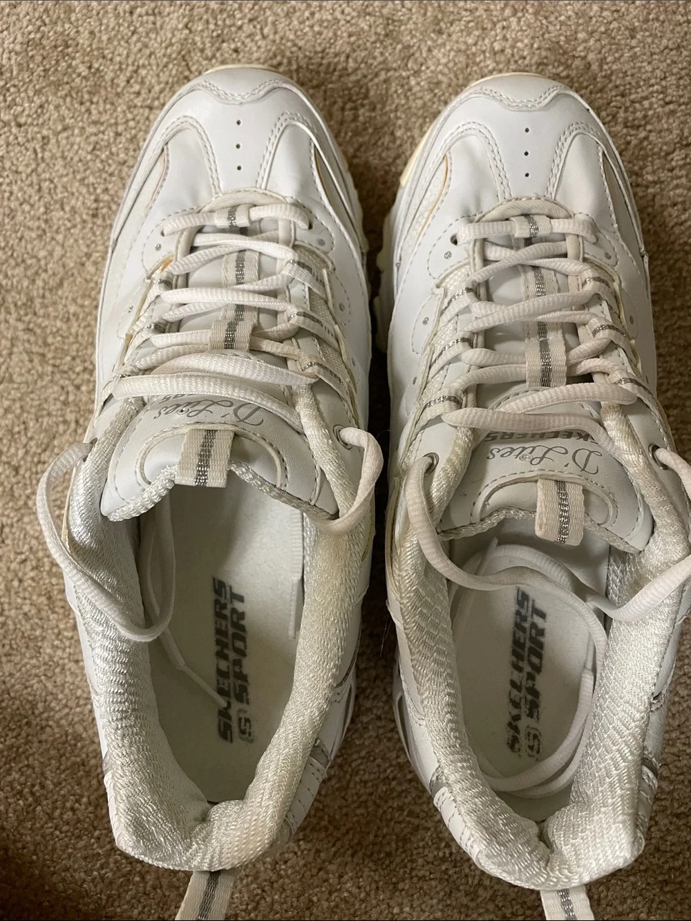 Skechers White Leather Lace-Up Sneakers with Cream Accents